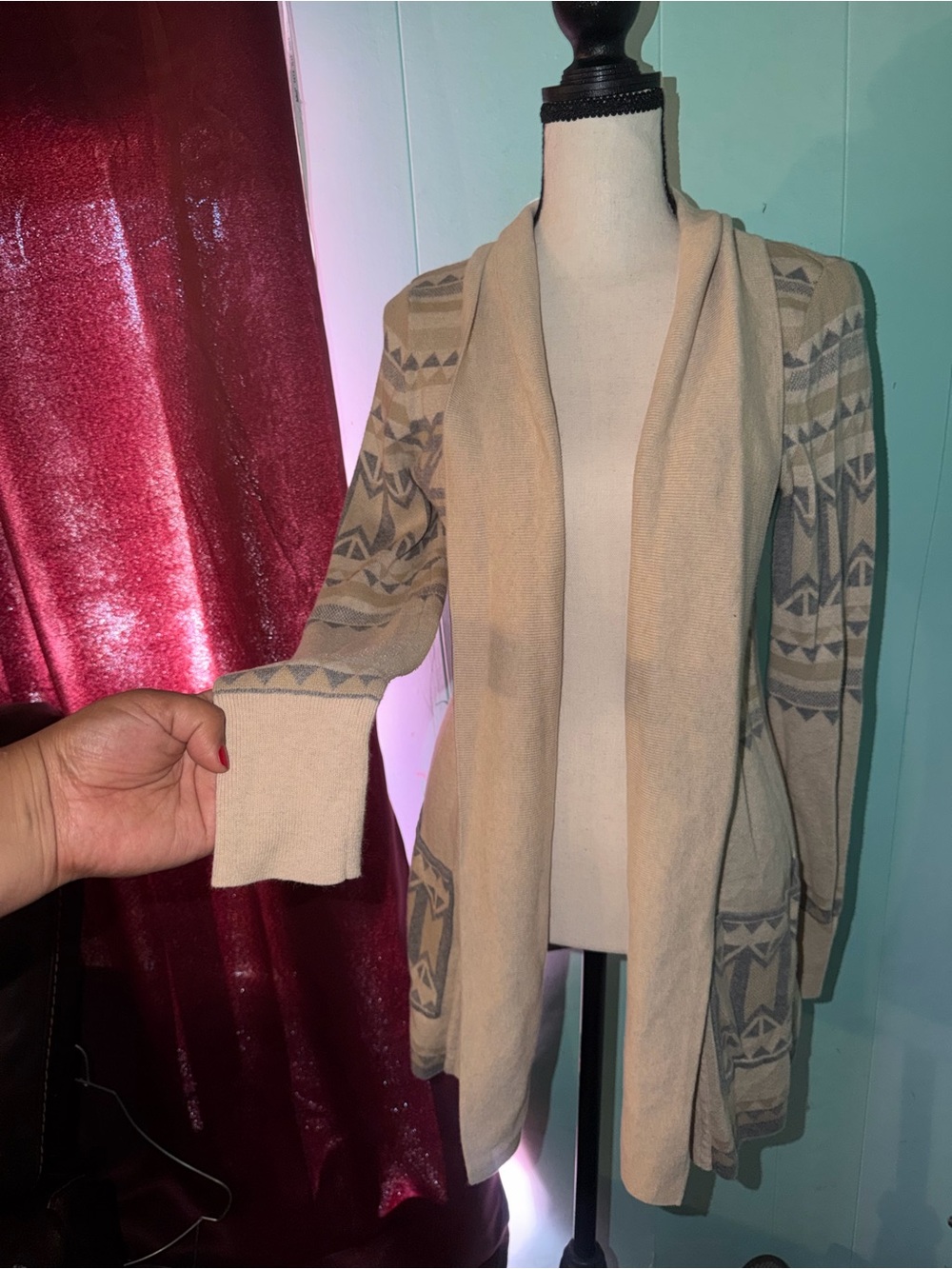 Open-Front Beige Aztec Pattern Women's Cardigan Sweater